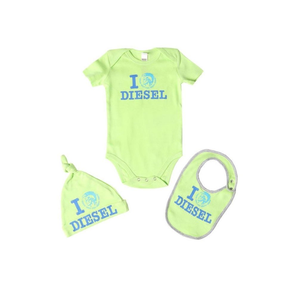 DIESEL BABY BOY Bodysuit, Hat,& Bib Box Set Green / Blue UFFEBBOX ( 6 MONTHS )